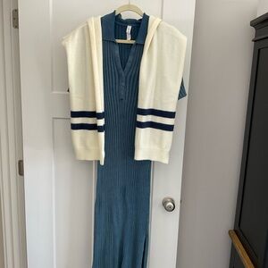 Anthropologie Blue Midi Dress with Cream Sweater